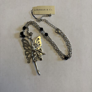 Stephan & Co. Silver Tone Pendant & Black Crystal Accent Chain Necklace NWT